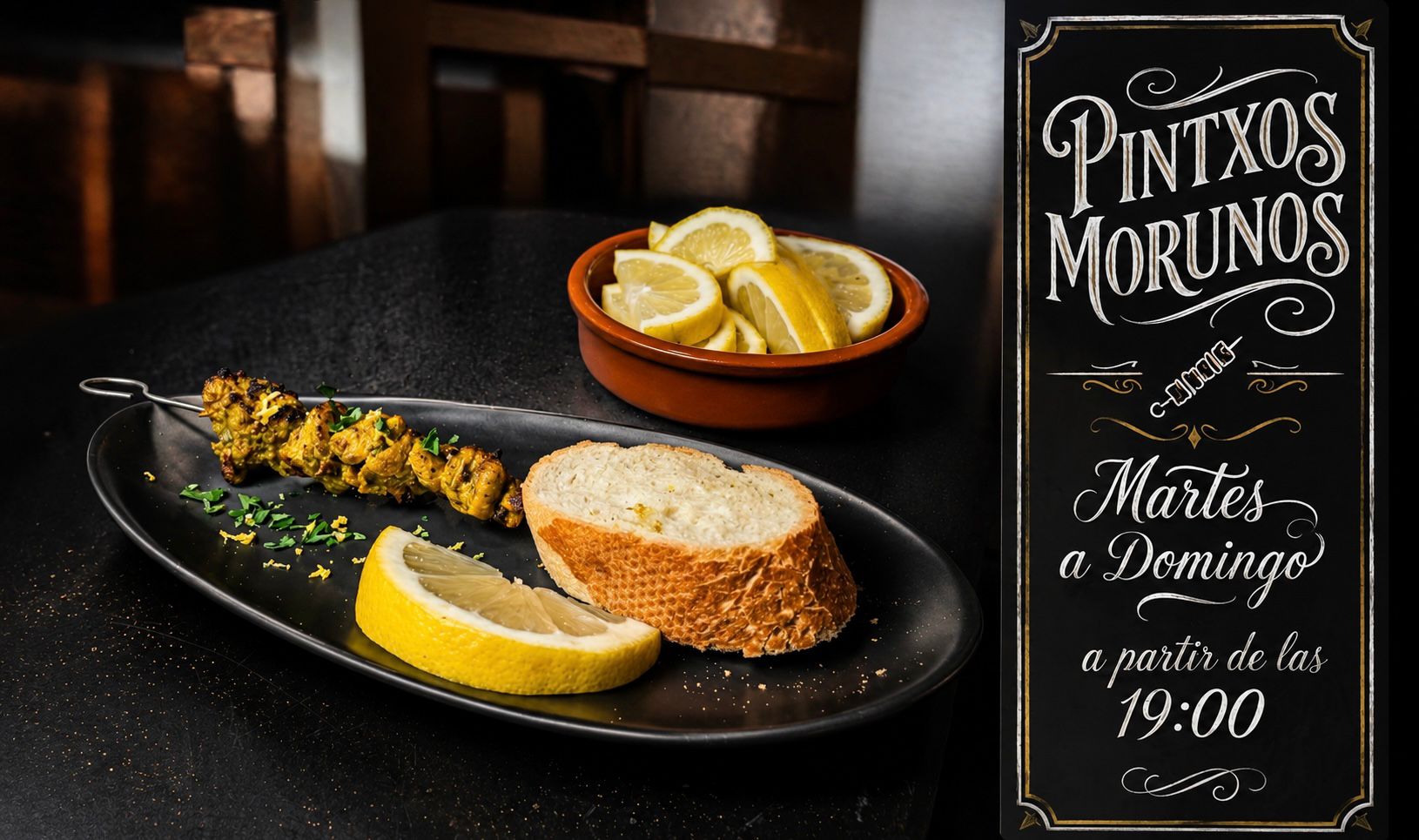 Pinchos morunos de cordero a la tradición, servidos con pan rústico y limón fresco.